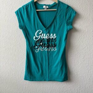Guess Women's Turquoise V-Neck Tee